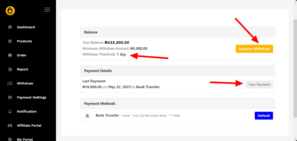 Vendor Withdraw Request