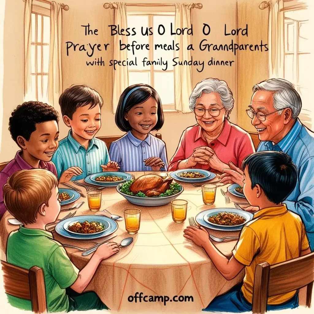 Children learning the Bless Us O Lord Prayer Before Meals from their grandparents during a special family Sunday dinner