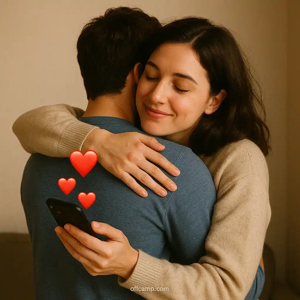 Couple embracing after woman reads deep love messages for her from smartphone with heart emoji floating