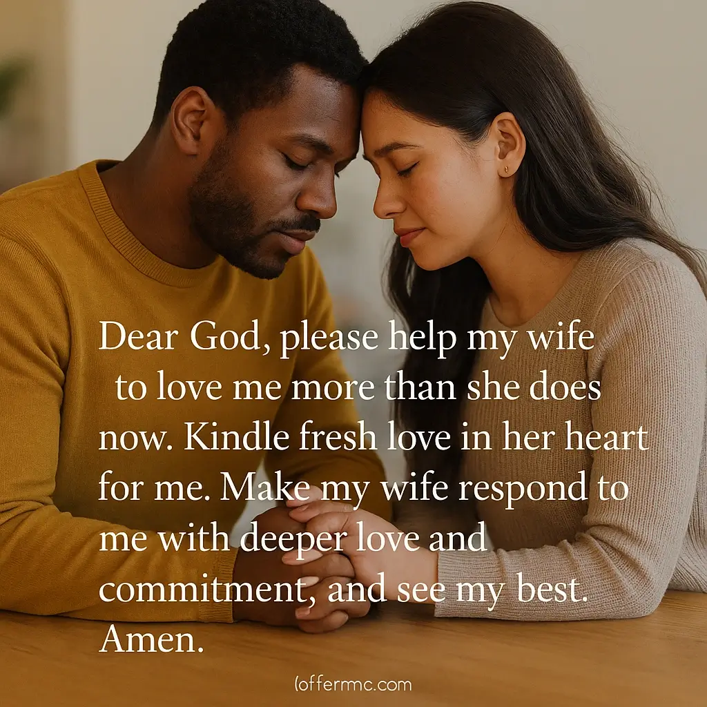 Couple holding hands in prayer as husband offers a sincere prayer for my wife's success and spiritual growth.