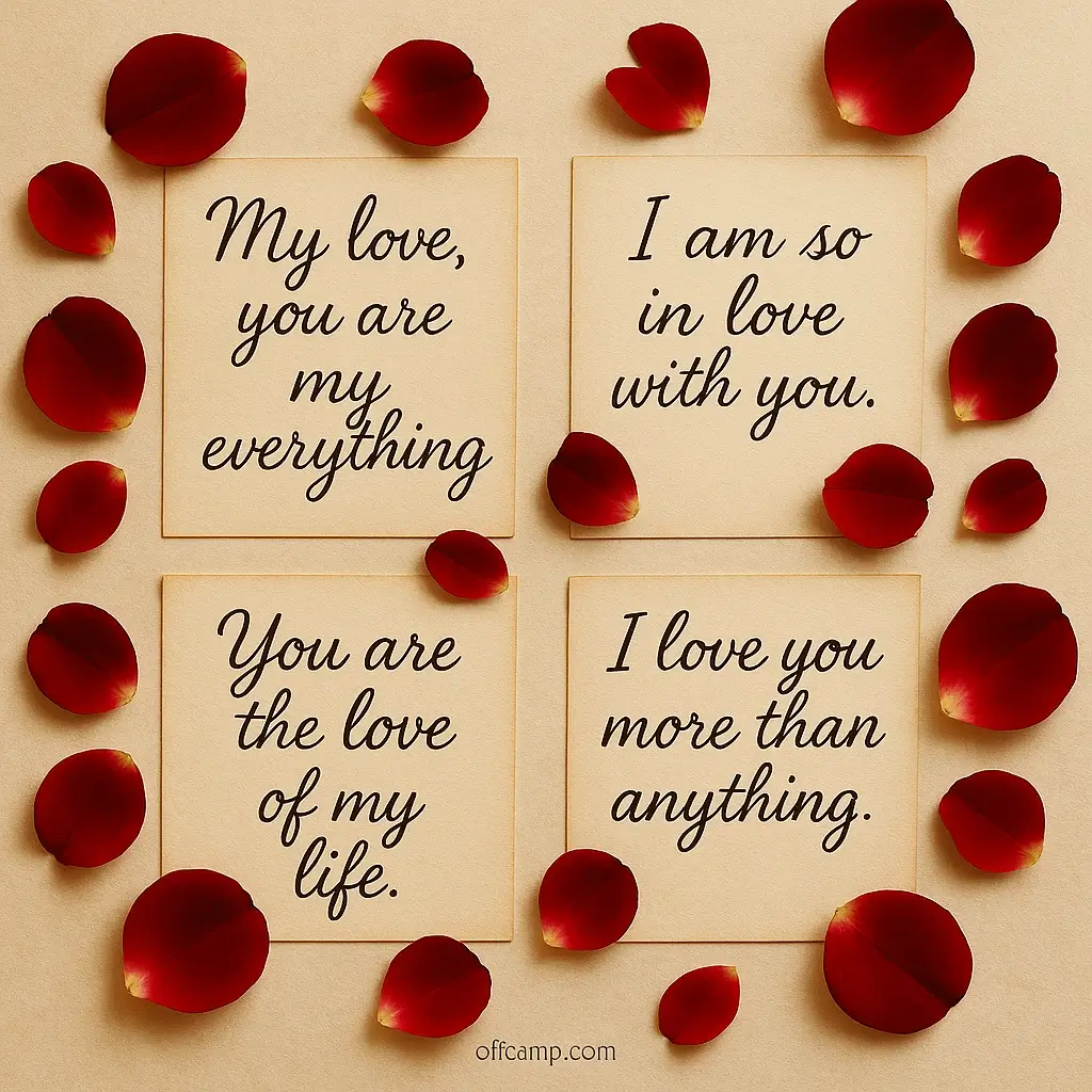Collection of handwritten deep love messages for her on romantic paper with rose petals scattered around