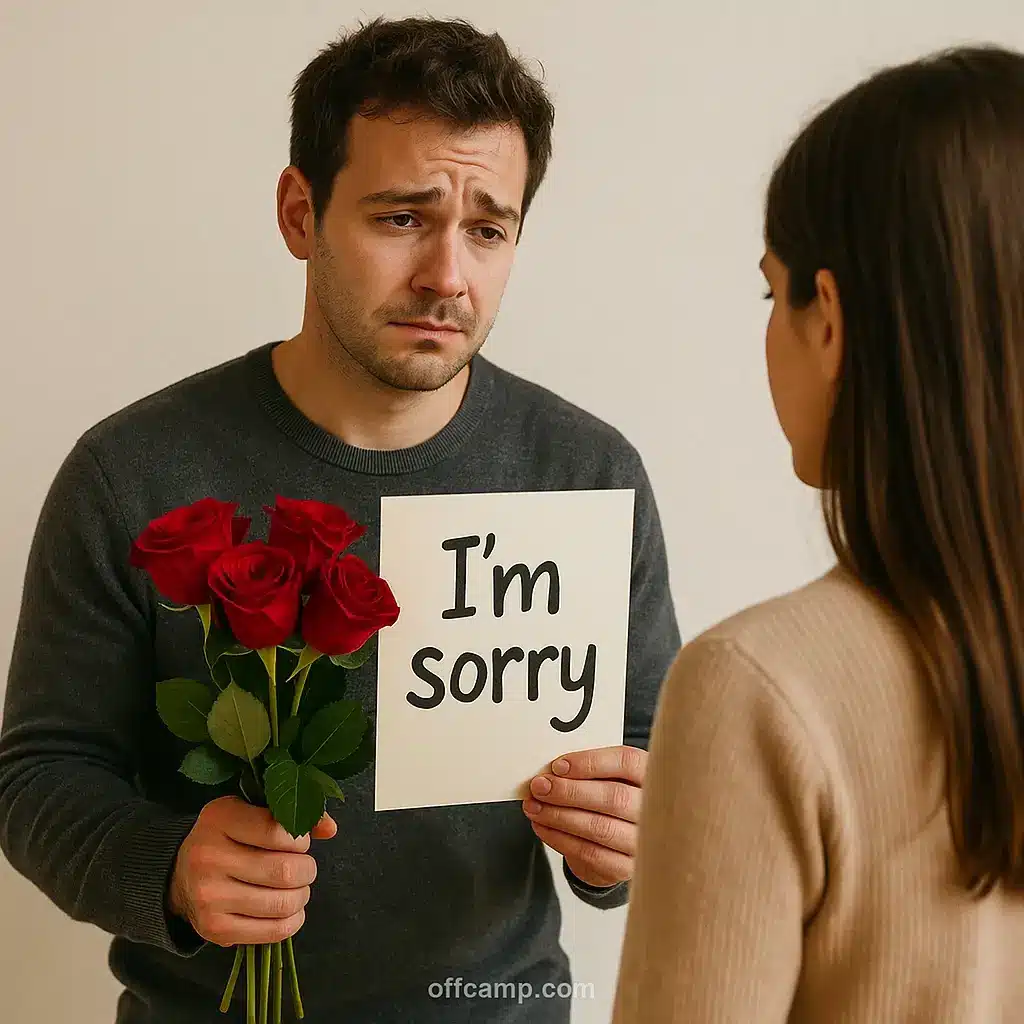 Man presenting heartfelt apology message for her with flowers showing genuine remorse after a relationship mistake