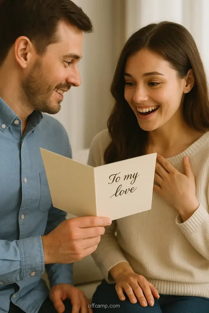 Man surprising woman with deep love messages for her written in beautiful calligraphy on anniversary card