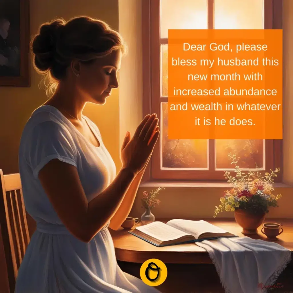 Morning light illuminating wife in prayer for husband's success and protection in the new month ahead