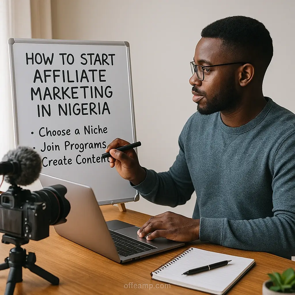 Nigerian entrepreneur setting up affiliate marketing links on laptop showing how to start affiliate marketing in Nigeria successfully