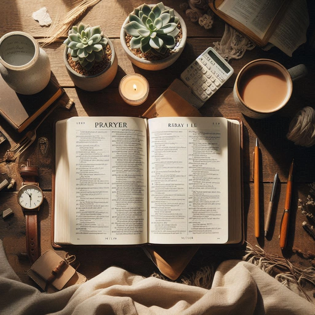 Open Bible with journal for morning prayer points practice in peaceful prayer corner