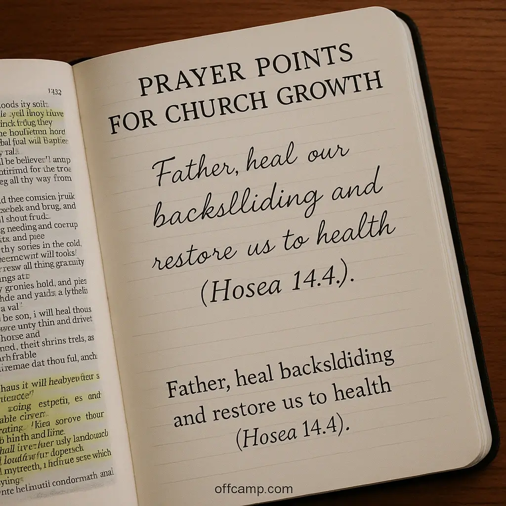 Visual prayer guide illustrating key prayer points for church growth with corresponding Bible references for spiritual breakthrough