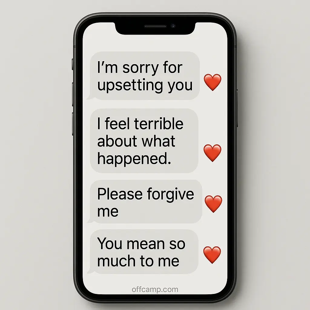 Smartphone displaying sweet apology messages for her with heart emojis representing digital reconciliation efforts