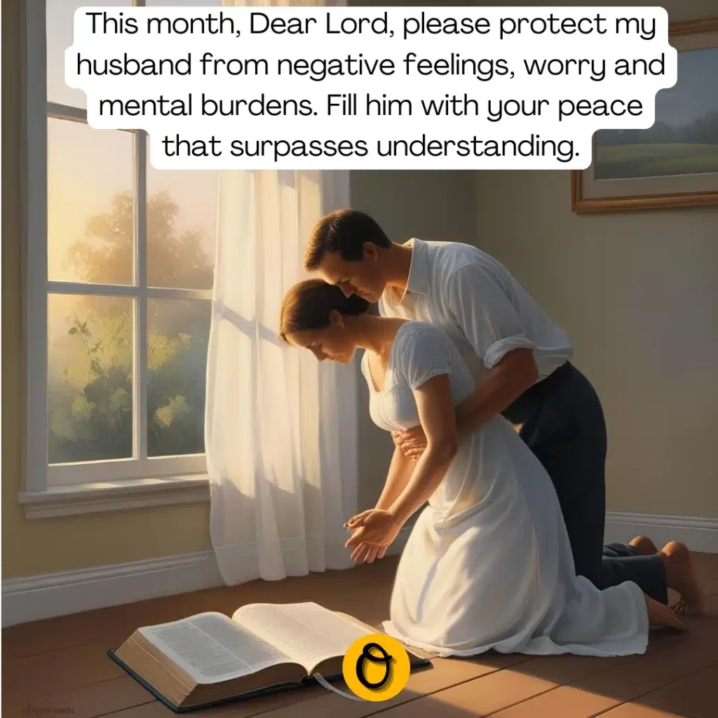 Wife praying over her husband at dawn for new month blessings, protection and success with an open Bible beside them