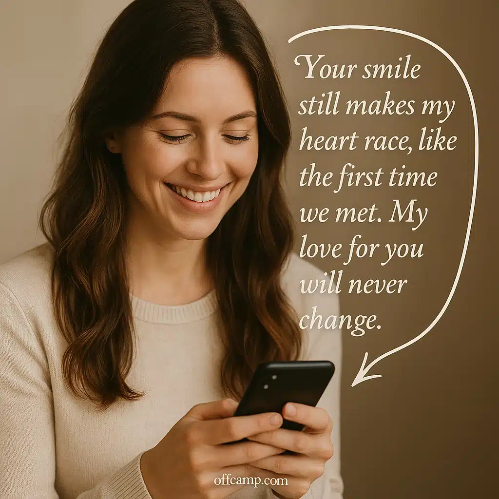 Wife smiling at romantic text message from husband expressing trust and devotion