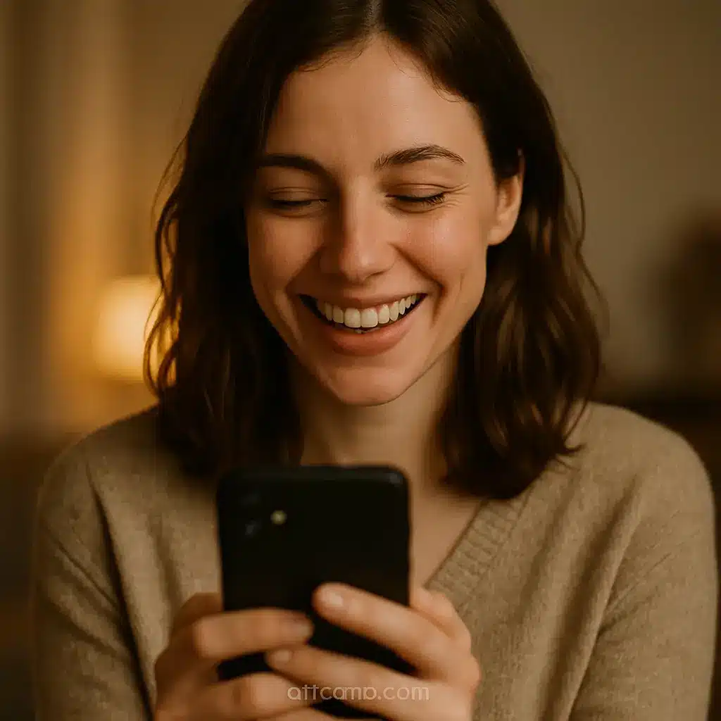 Woman smiling at her phone after receiving a deep love message for her to fall in love, genuine happiness visible