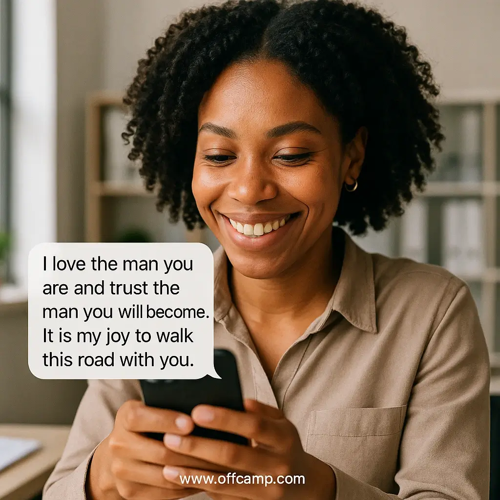 Woman smiling at love and trust message on her phone during work