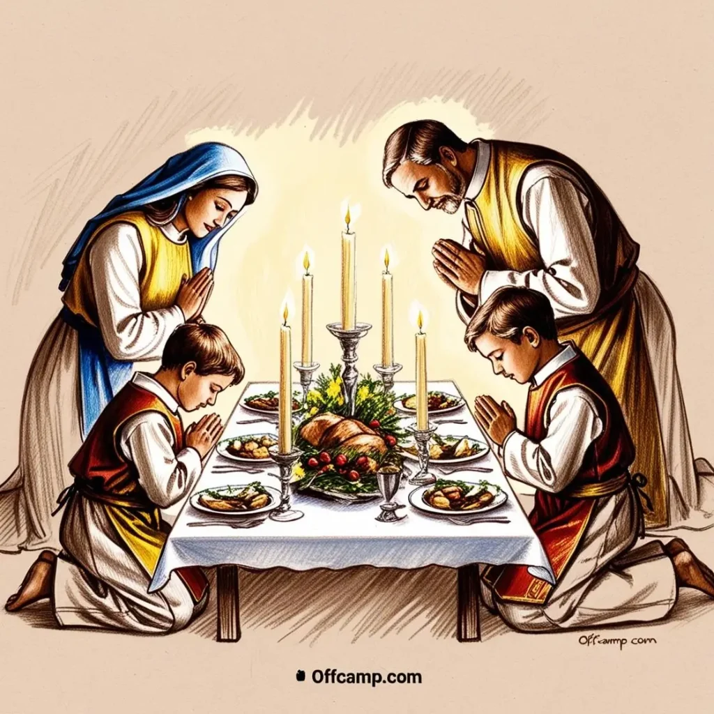 Traditional Catholic family praying the Bless Us O Lord Prayer Before Meals with candles lit and food prepared on a festive table