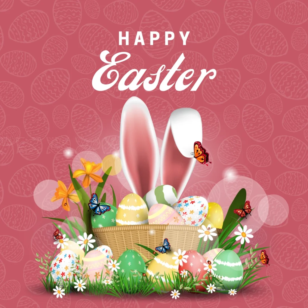 Family Easter card with rabbit illustration, personalized 'Happy Easter to my Family' message, and decorated Easter eggs in a nest arrangement