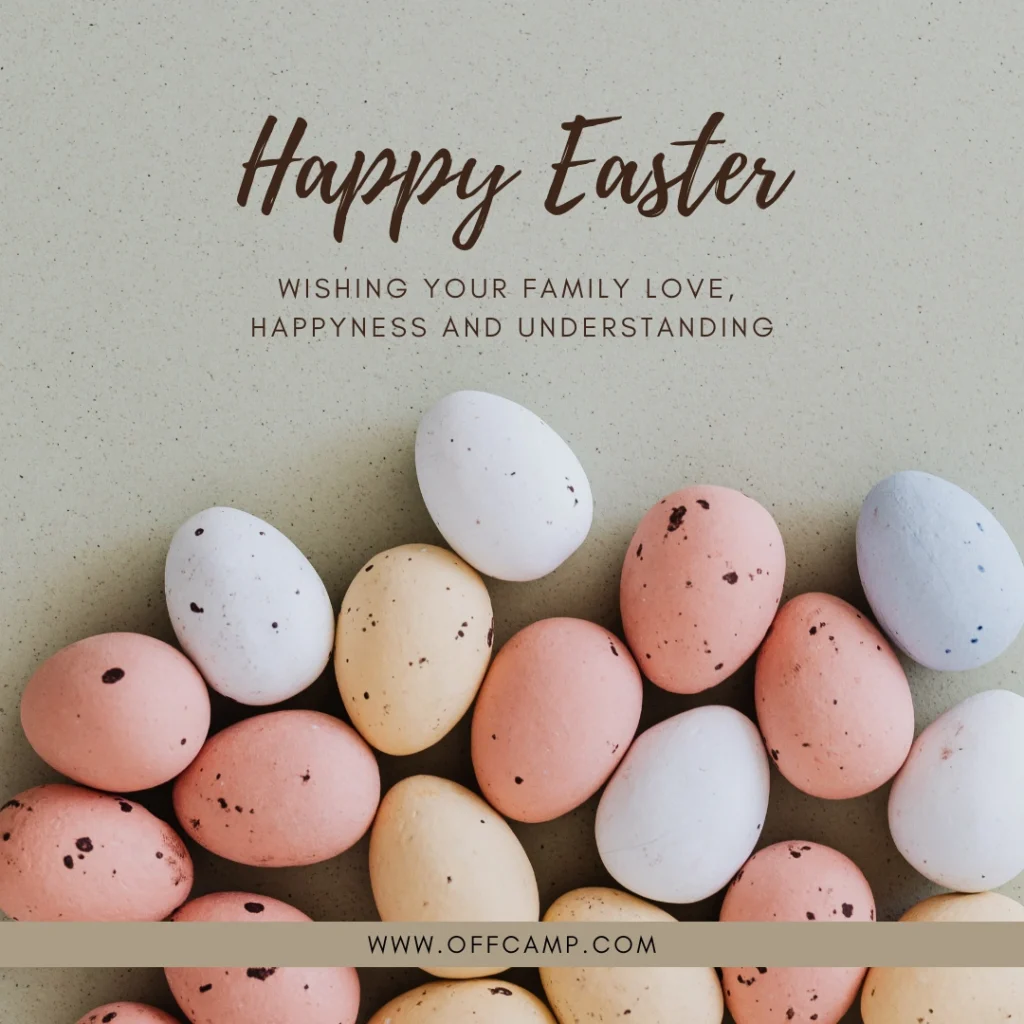 Decorative Easter greeting card featuring spring flowers, colorful eggs, and 'Happy Easter' calligraphy with festive pastel background
