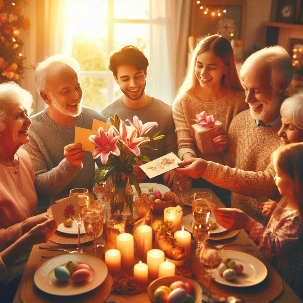 Family sharing religious Easter messages at dinner table