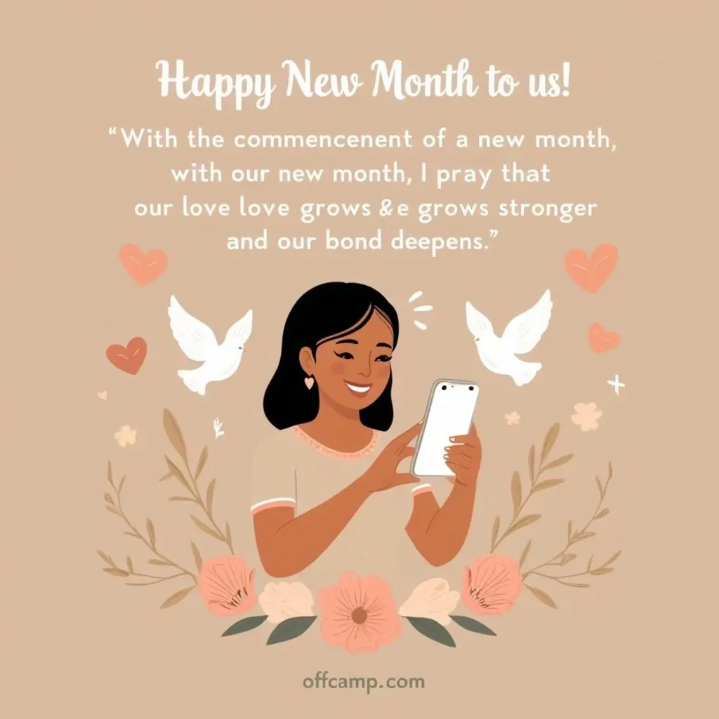 Person sending happy new month prayer messages to loved ones on smartphone surrounded by spiritual symbols