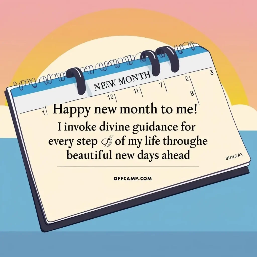 Calendar page turning to new month with happy new month prayer messages overlaid on sunrise background