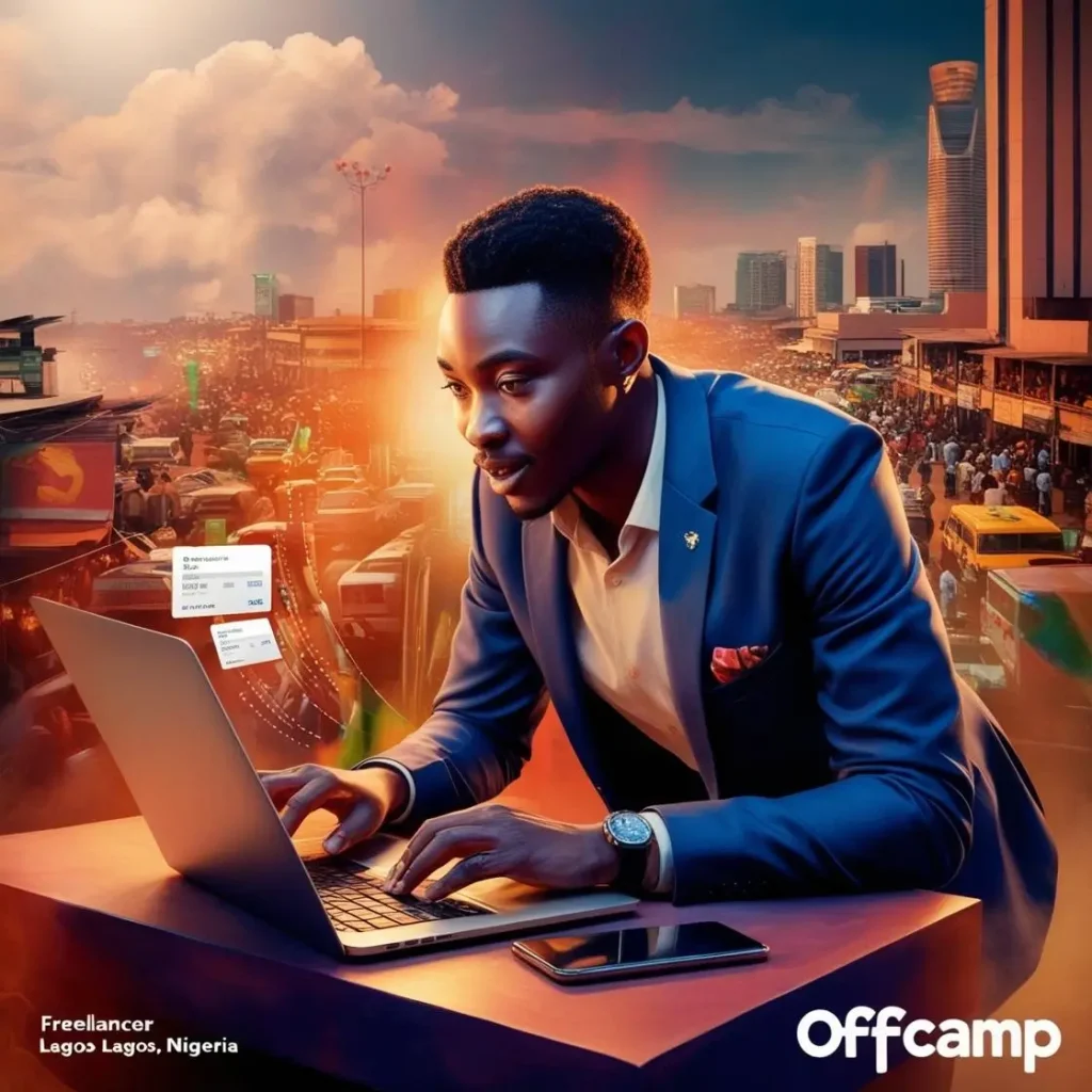 Freelancer in Lagos working on laptop for online business that pays daily while checking payment notifications