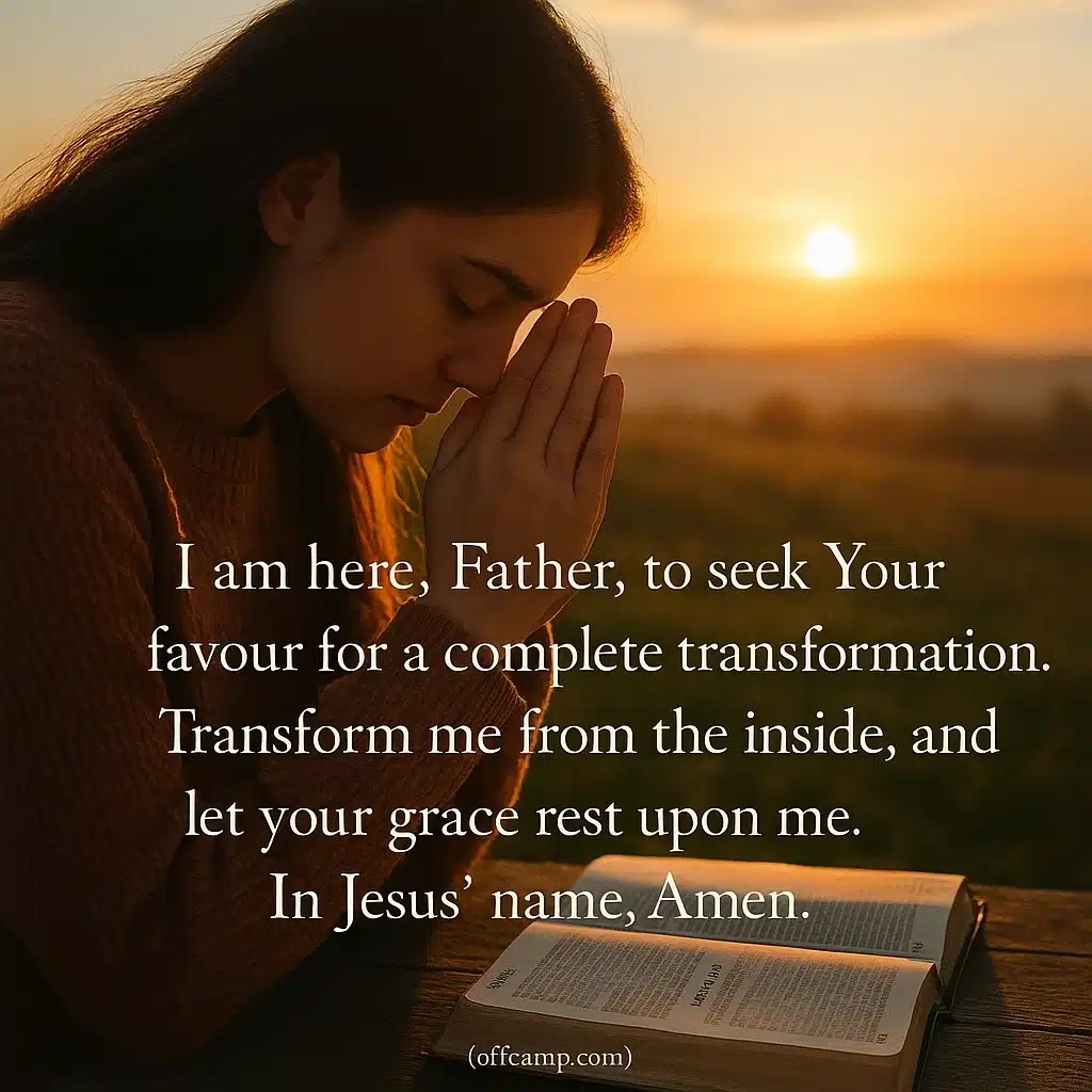 Woman praying for God's favor at sunrise with Bible open to Psalm 90:17