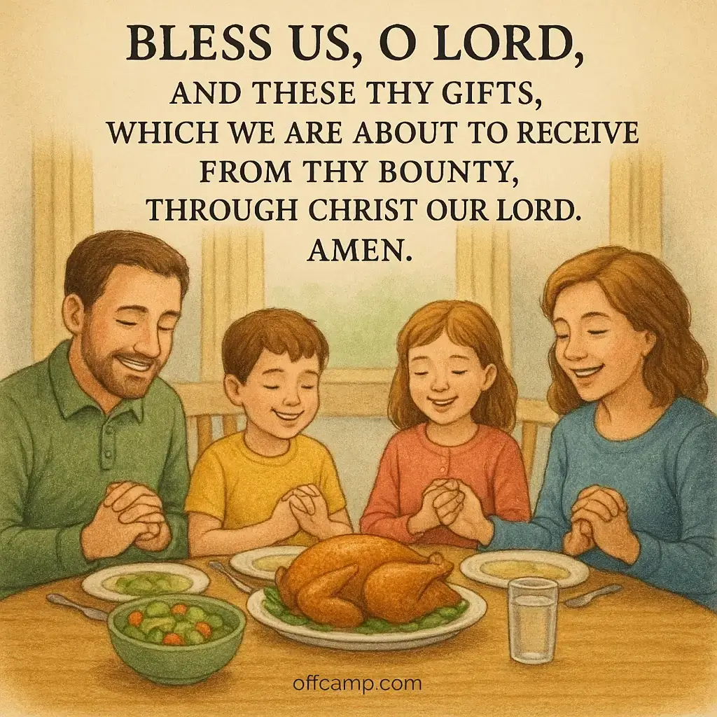 Bless Us O Lord Prayer Before Meals being recited by a happy family gathered around