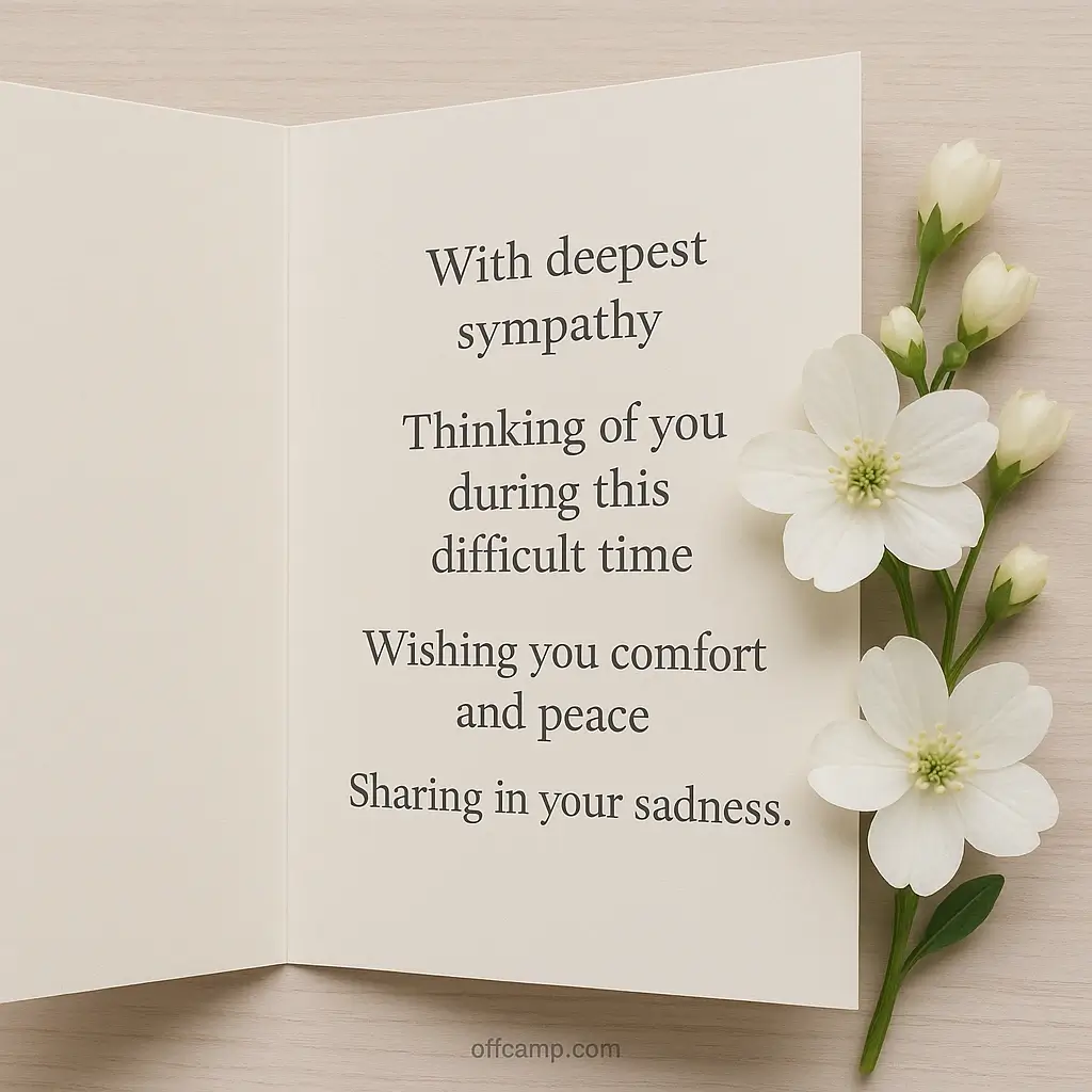 Collection of thoughtful condolence messages for different relationships displayed in calligraphy on cards