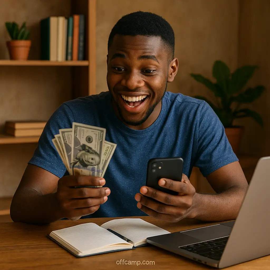 A Nigerian student earning real money through mobile apps while studying at home