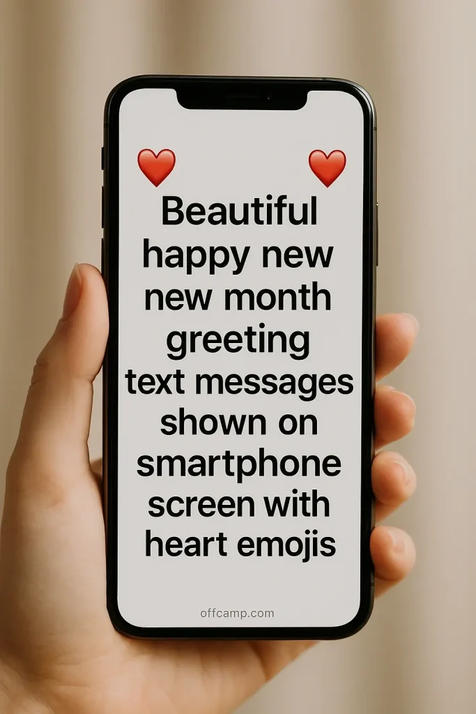 Beautiful happy new month greeting text messages shown on smartphone screen with heart emojis