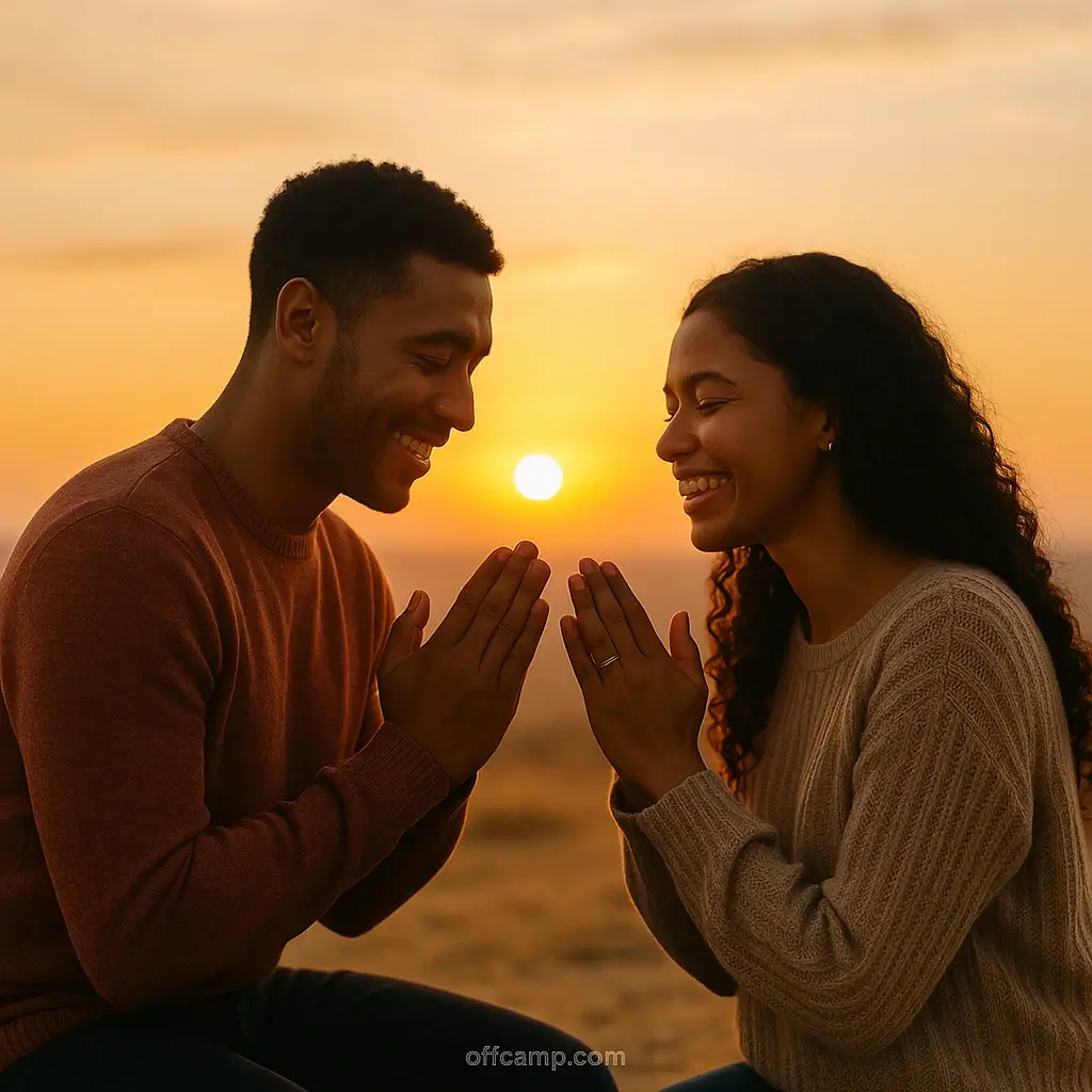 Couple praying together at sunrise, sharing happy new month prayers to strengthen their love bond as they welcome a new beginning