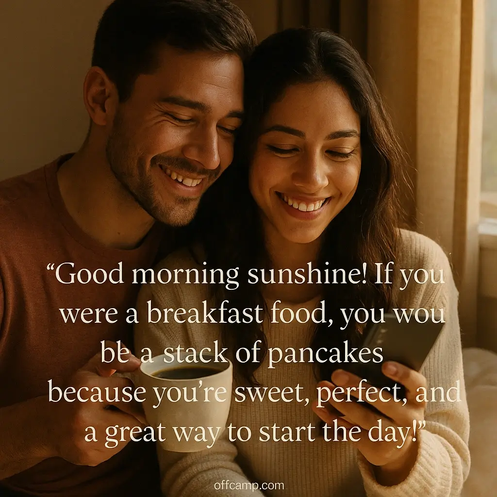 Couple sharing coffee as she reads sweet good morning messages on her phone illuminated by morning sunlight