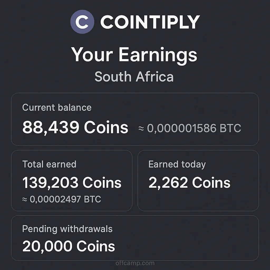 Cryptocurrency earnings dashboard on Cointiply for South African users