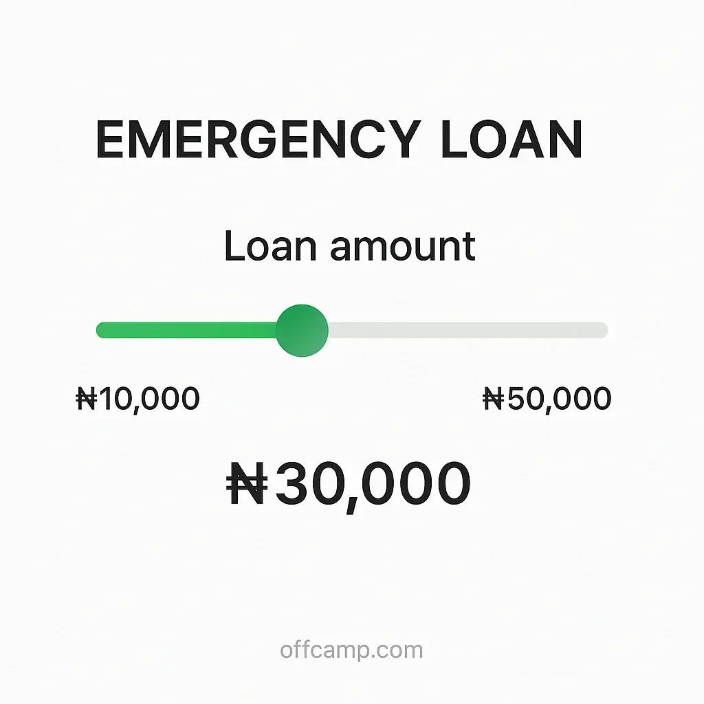 Emergency loan amount calculator showing ₦10,000 to ₦50,000 options Nigeria