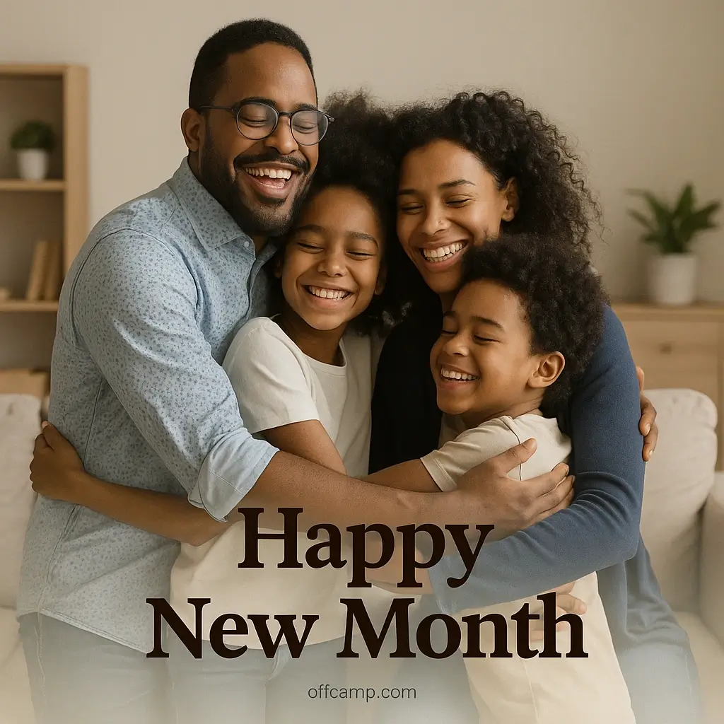 Family sharing happy new month greeting hugs and warm smiles together in living room