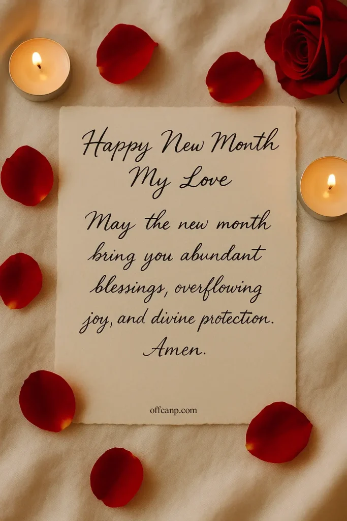 Handwritten happy new month prayer for my love on beautiful stationery with rose petals and candles, creating a romantic spiritual atmosphere