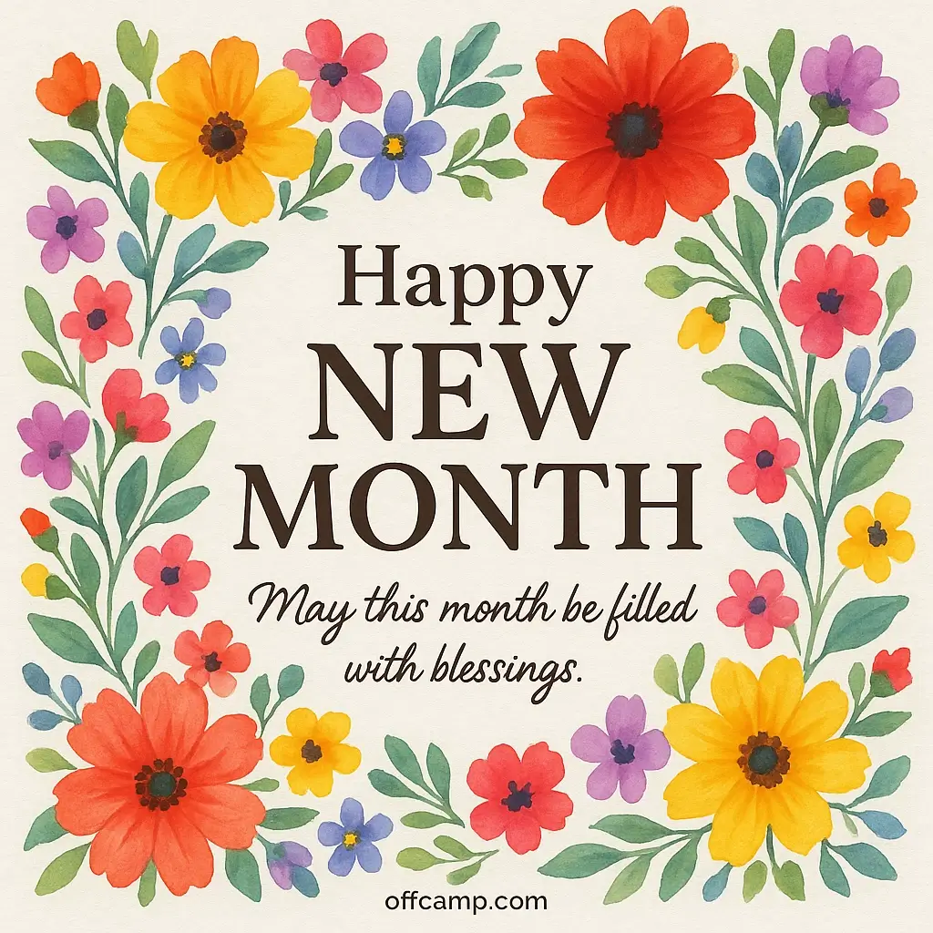 Happy new month greeting cards with colourful flowers and blessing messages displayed beautifully