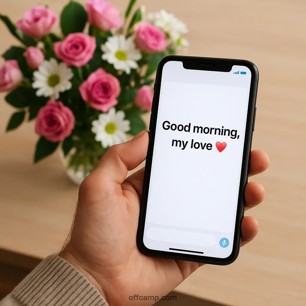 Husband sending sweet good morning message to my wife on smartphone with flowers in background