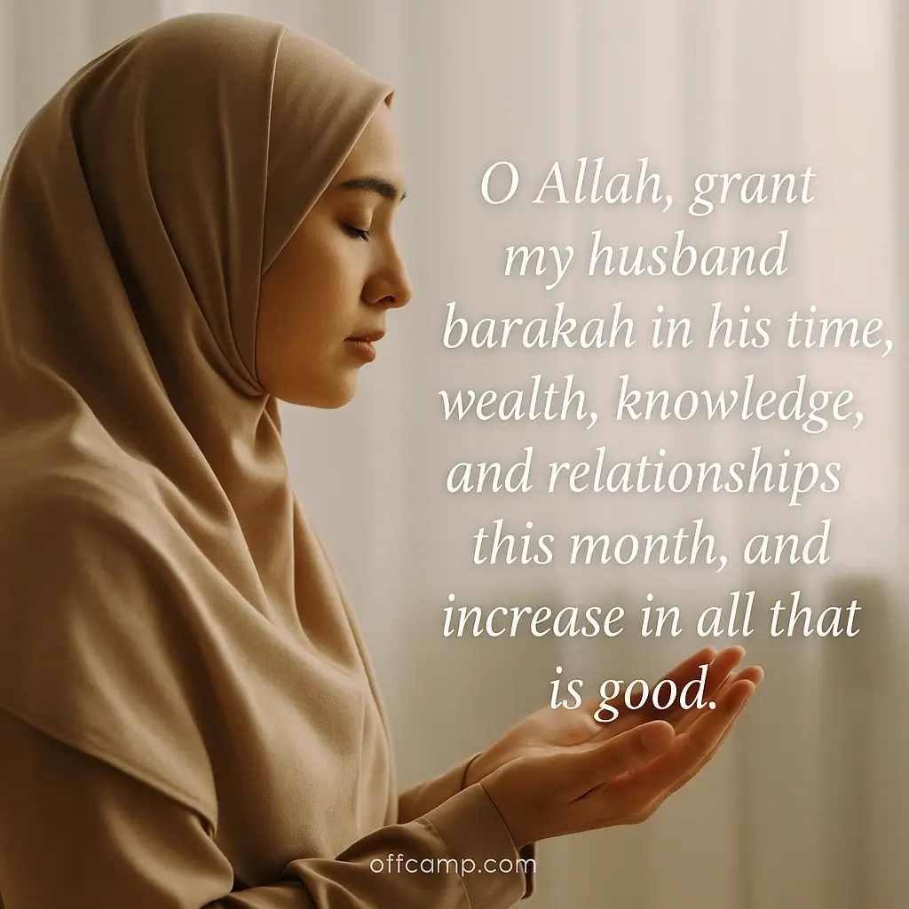 Muslim woman in prayer position with hands raised offering new month dua for her husband's success and protection