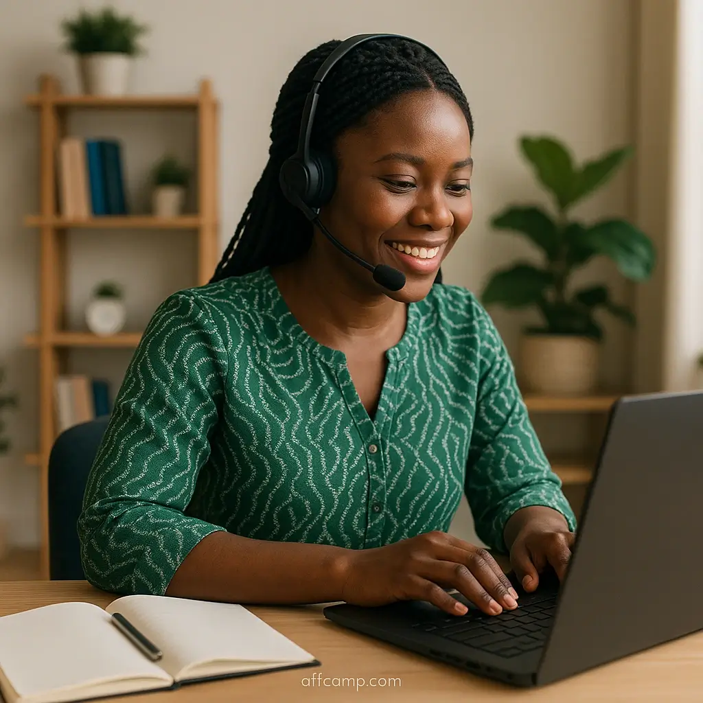 African entrepreneur reviewing virtual assistant jobs on Upwork while making notes about client requirements