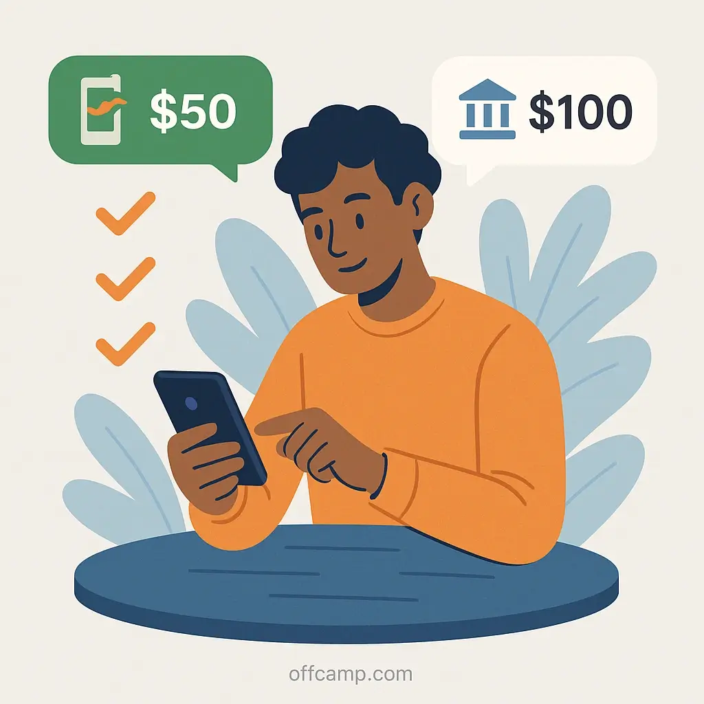 Person completing tasks on money-earning apps with MPesa and bank transfer notifications