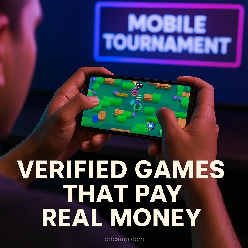 Person playing verified games that pay real money on smartphone during mobile tournament