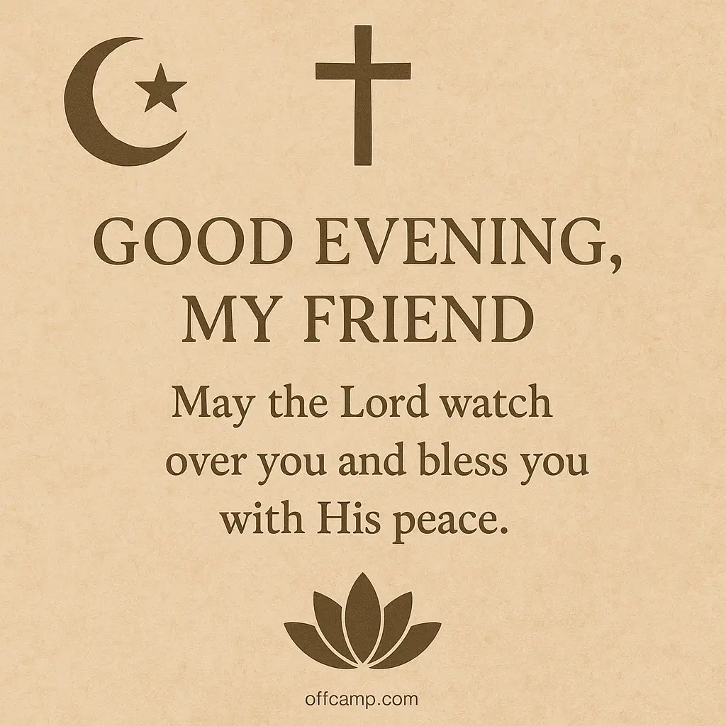 Prayer good evening message for friend with spiritual symbols and blessing text overlay