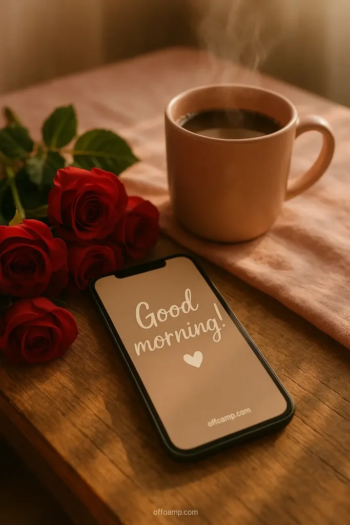 Sweet good morning messages shown on a phone screen with coffee and roses creating the perfect morning setting for someone special