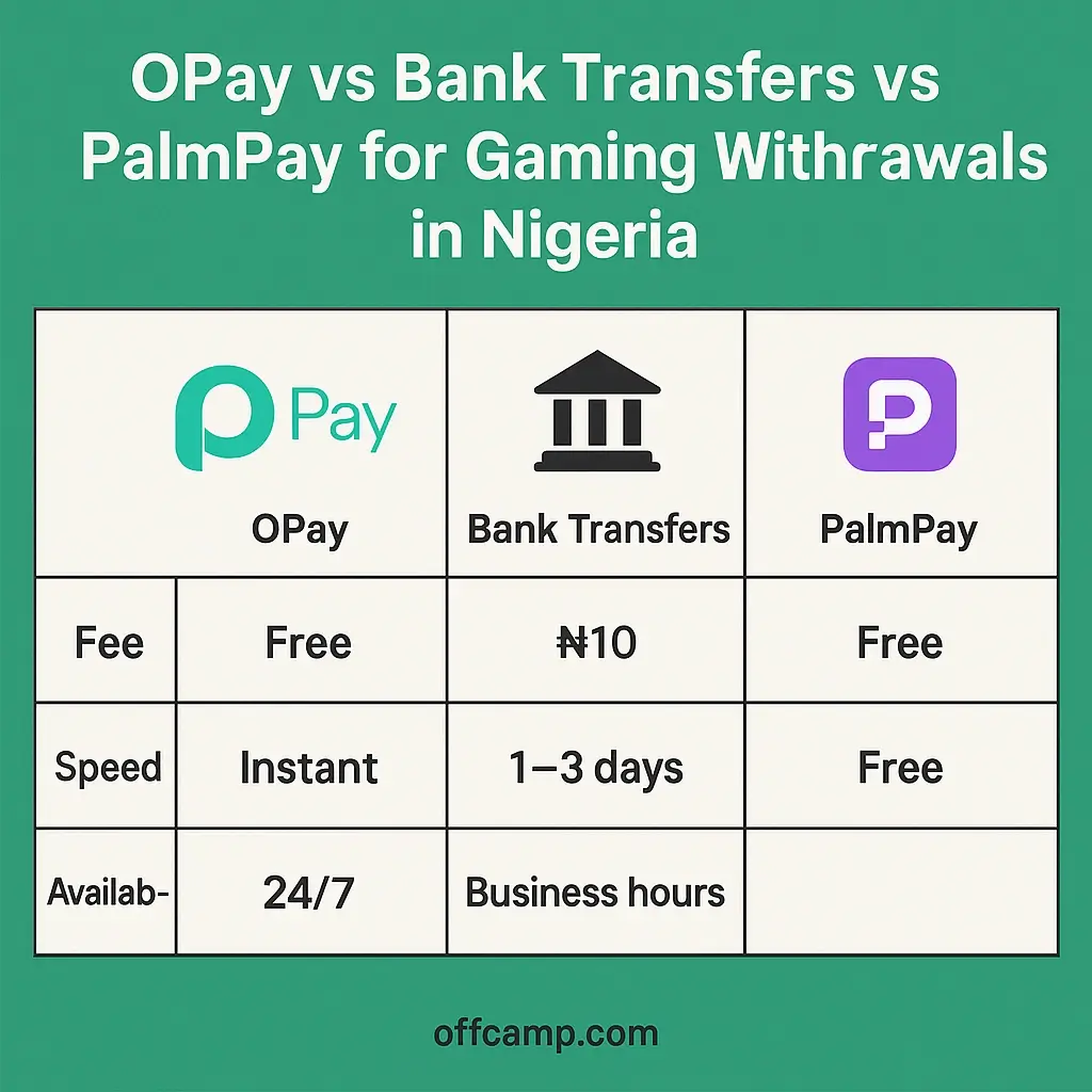 Comparison chart of OPay vs bank transfers vs PalmPay for gaming withdrawals in Nigeria