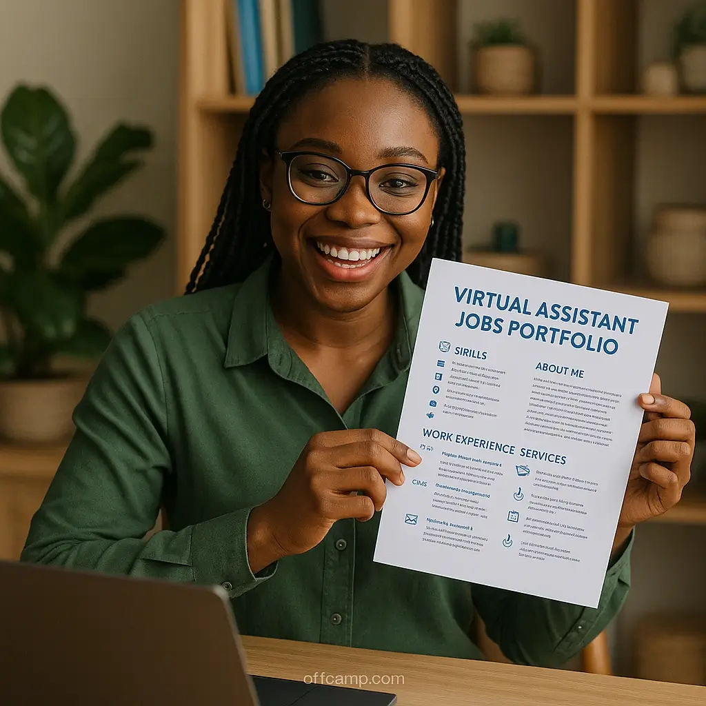 Nigerian professional working remotely on virtual assistant jobs using her laptop and headset from a home office