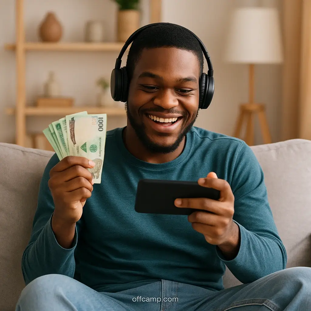 Nigerian gamer earning real money through games that pay real money in Nigeria on his smartphone while relaxing at home