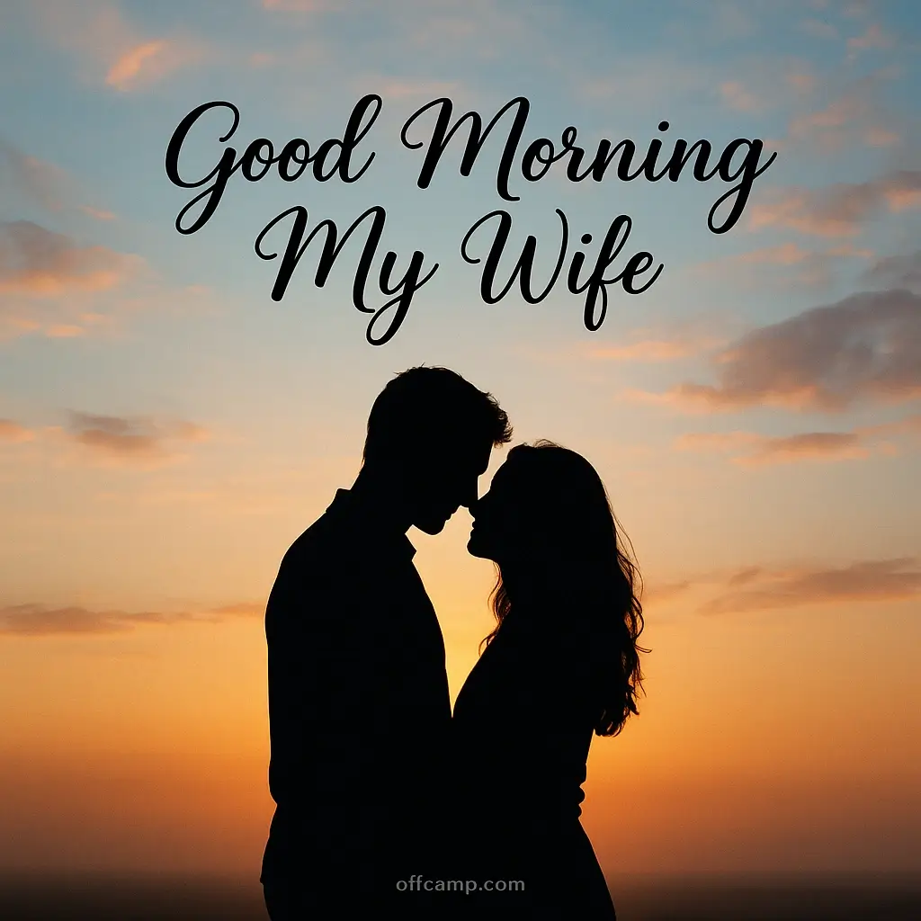 Silhouette of loving couple against morning sky with good morning message to my wife calligraphy