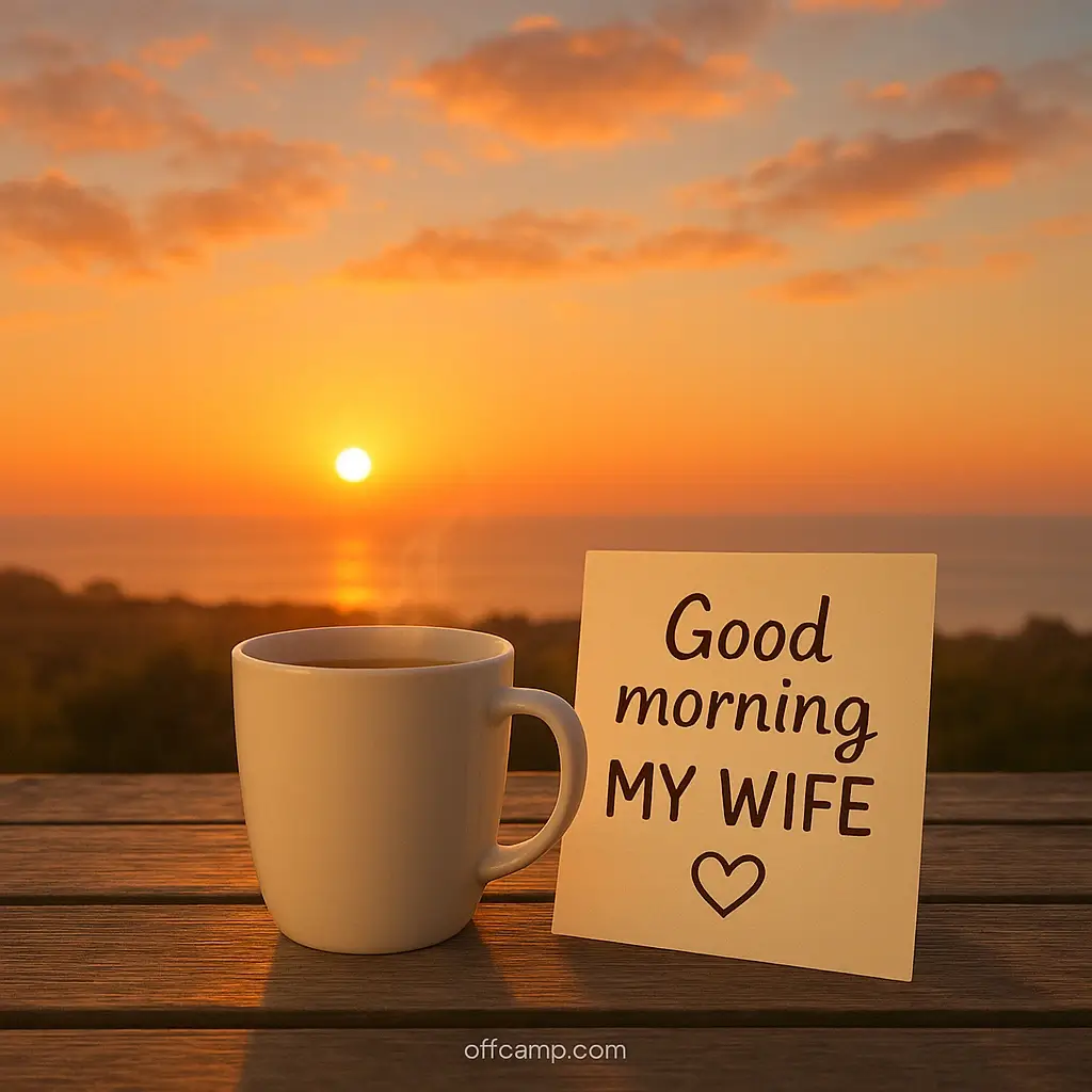 Beautiful sunrise with coffee cup and love note featuring good morning message to my wife text for romantic couples