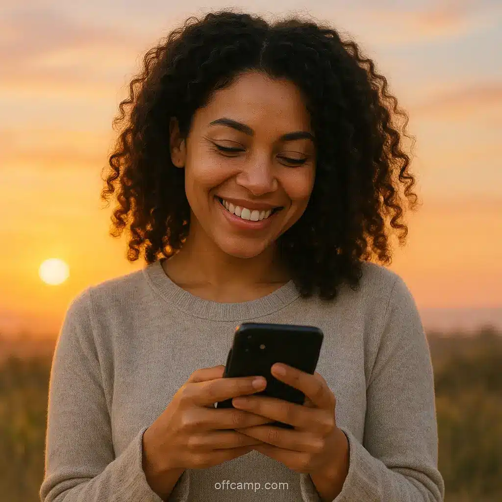 Woman smiling at her phone after receiving sweet good morning messages from her partner with sunrise in background