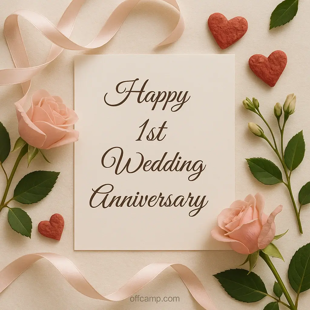 Beautiful 1st wedding anniversary wishes written on elegant paper with romantic decorations and flowers