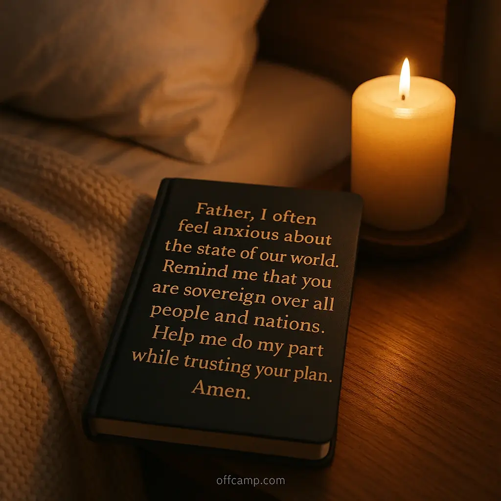 Beautiful bedtime setup with night prayer messages book and soft candlelight atmosphere